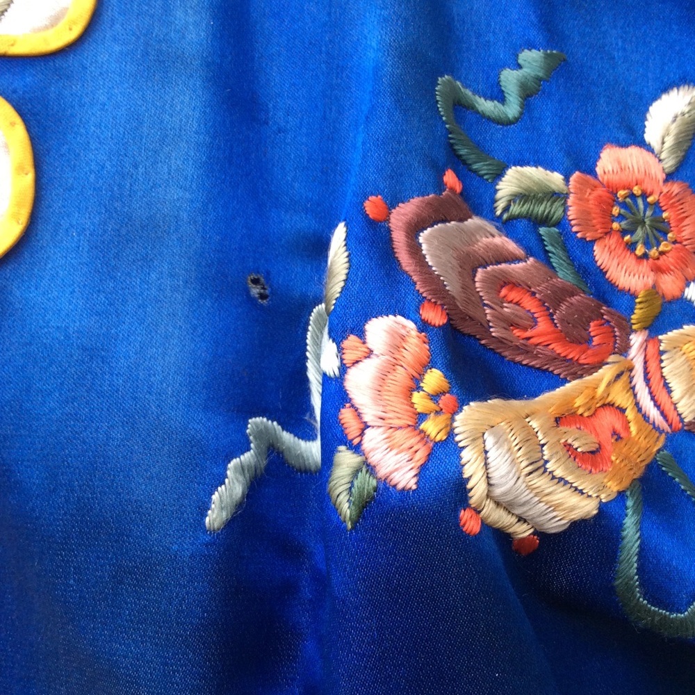 Vintage Esme Chinese Floral Embroidered Royal Blue Kimono Dress Robe Long Coat - Picture 6 of 8